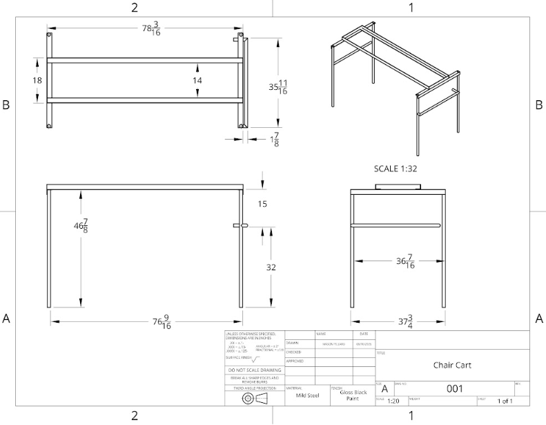 Dimensioned CAD drawing for a mild steel chair cart, drawn before any steel was cut.